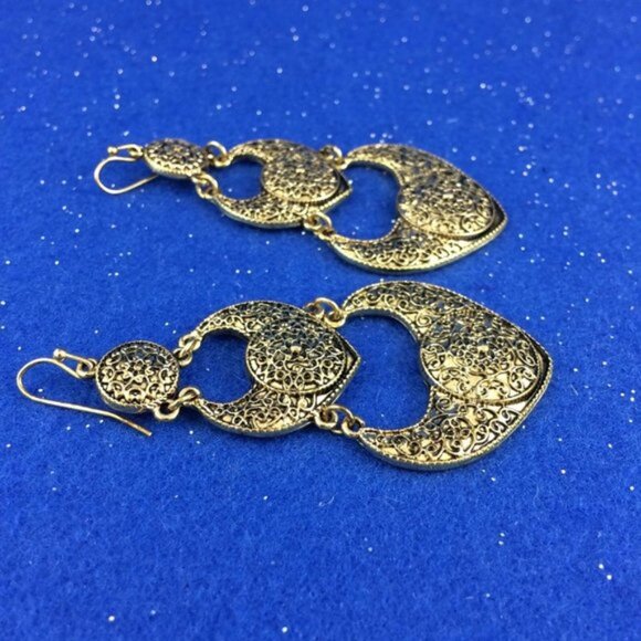 Long Triple Tier Dangle Goldtone Metal Earrings Bali-Inspired Design Statement - Picture 6 of 10